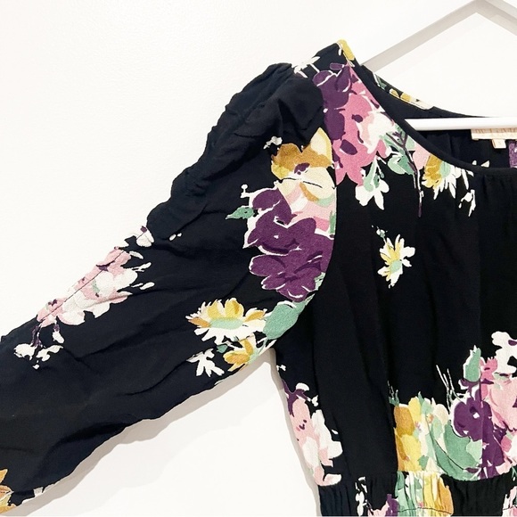 ByTiMo Floral Crepe Smocked Drop Waist Black Floral Gathered Maxi Dress small - Picture 6 of 11